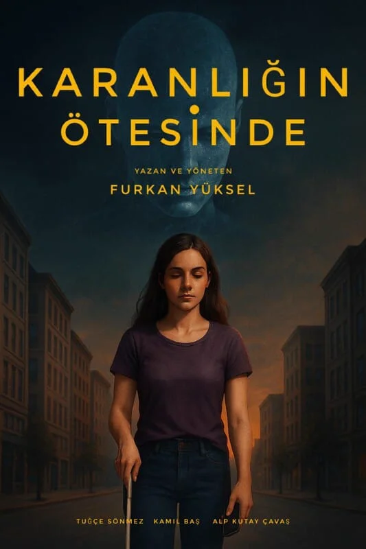 Karanlığın Ötesinde poster: a young woman with a white cane walking down a dim street